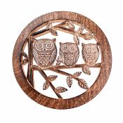 Trivet pan stand hand carved eco mango wood, owls 20cm