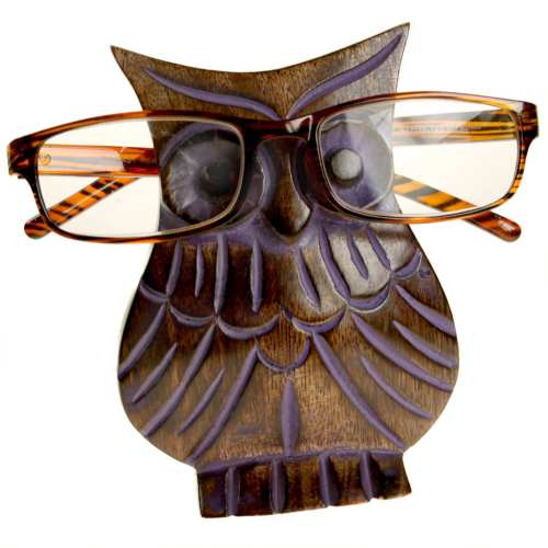 Spectacle glasses stand/holder, eco mango wood, owl purple