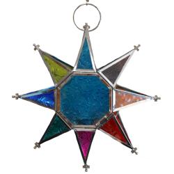 Lantern Tea Light Holder Hanging Star Recycled Glass, Blue Centre 20cm