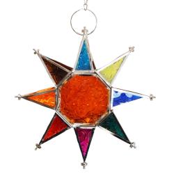 Lantern Tea Light Holder Hanging Star Recycled Glass, Orange Centre 20cm