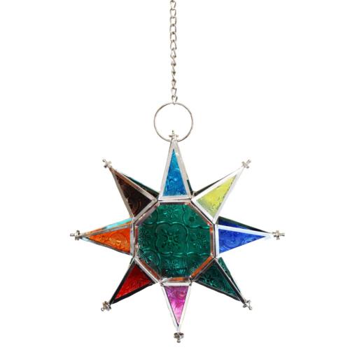 Lantern Tea Light Holder Hanging Star Recycled Glass, Green Centre 20cm