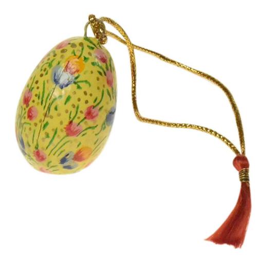 Hanging egg decoration, blue flowers on yellow, papier maché, 4.5cm height