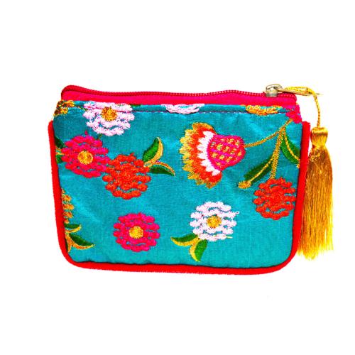 Coin purse, embroidered flowers on turquoise