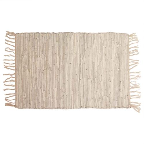 Rag rug recycled leather handmade beige 60x90cm