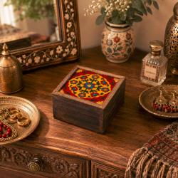 Secret Lock Box Mango Wood with Tile - Floral on Red