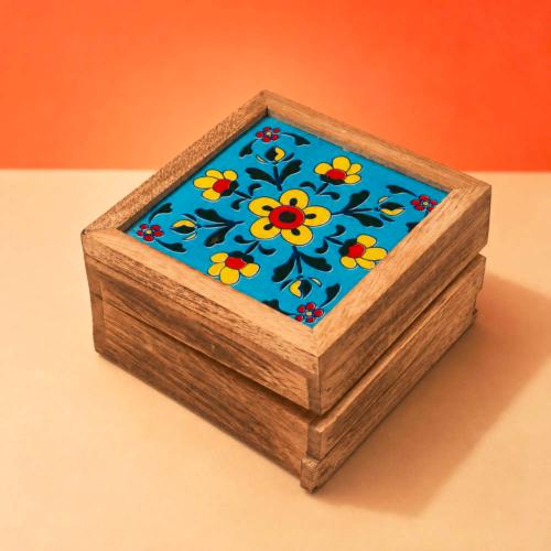 Secret Lock Box Mango Wood with Tile - Floral on Blue