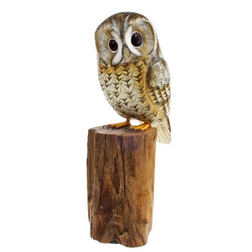 Tawny owl on tree trunk, hand carved wooden indoor/garden ornament 19cm