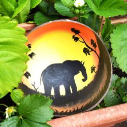 Coconut bowl, painted elephant