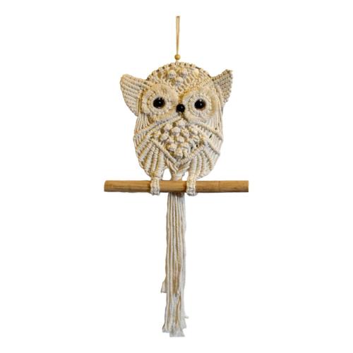 Macrame hanging cream owl on branch 22x22cm