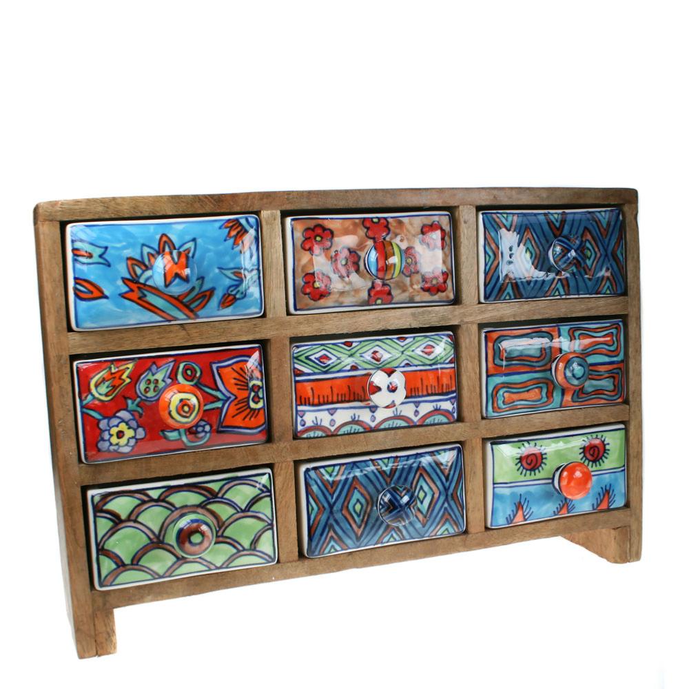 Wooden Mini Chest 9 Ceramic Drawers