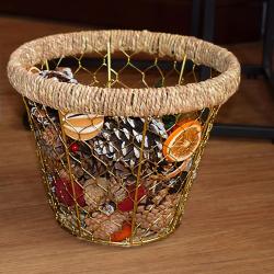 Basket / waste paper holder bin, gold coloured metal + moonj grass 26 x 22cm