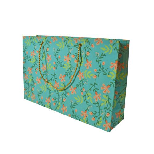 Gift Bag Handmade Paper Floral Design on Teal 31 x 20 x 7.5cm