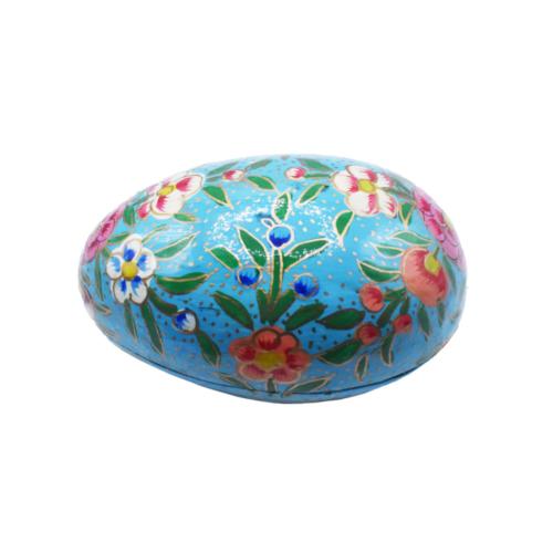Egg Shaped Trinket Box Floral Pink on Turquoise Papier Mâché 12cm