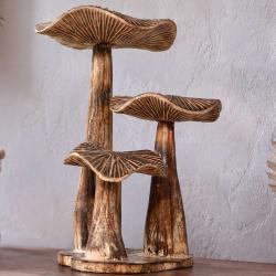 Toadstool Ornament Brown 3-tier Albesia Wood 30cm