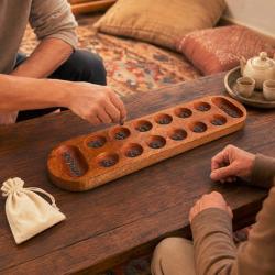 Mancala Board Game Mango Wood with Glass Marbles