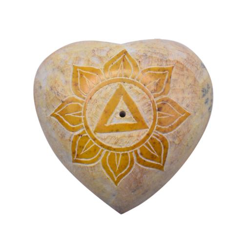 Pebble / incense holder heart carved soapstone, chakra solar plexus 5.5cm