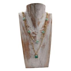 Necklace with Flower Shaped Beads + Jade Colour Stone