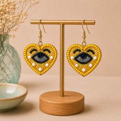 Earrings Small Beads Heart and Eye Yellow Blue 3 x 5cm
