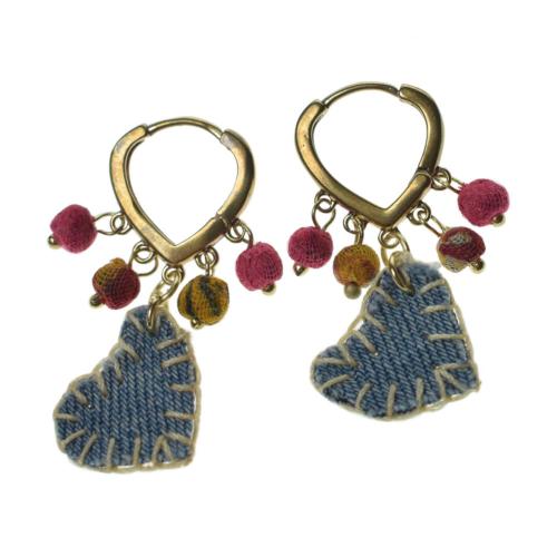 Earrings recycled denim jeans, heart shape & cloth beads