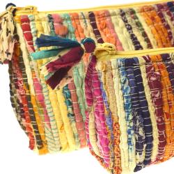 Set of 2 rag chindi pouch bags recycled sari base colour yellow 24x14 & 18x12cm