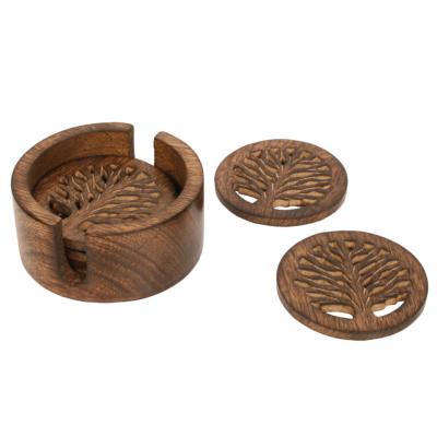 Set of 6 coasters Tree of Life in holder carved eco mango wood