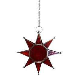 Lantern Tea Light Holder Hanging Star Recycled Glass, Red 20cm