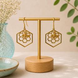 Earrings, gold colour, bee & honeycomb