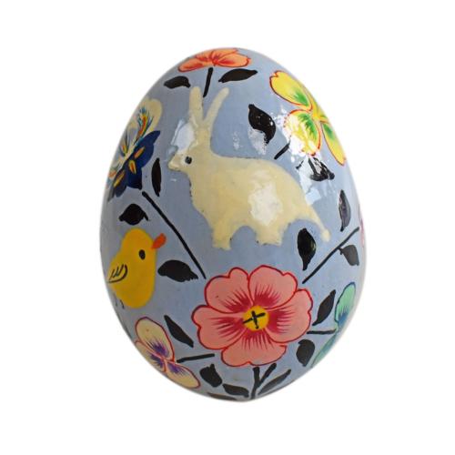 Egg ornament paper maché, bird rabbits flowers design light blue 7 x 5cm