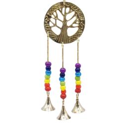 Hanging windchime with Chakra Beads, Tree of Life in circle, recycled brass 8 x 32cm