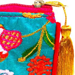 Coin purse, embroidered flowers on turquoise