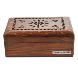 Secret Lock Box Hand Carved Sheesham Wood with Brass Inlay & Mandala 15x9.5x5.5cm