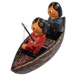 2 Dogs in a boat hand carved Albesia wood,18 x 10 x 5cm