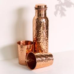 Copper bottle and cups gift set, hammered design