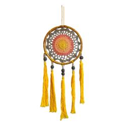 Dreamcatcher on bamboo frame, yellow tassels, blue pink yellow inner, diameter 17cm