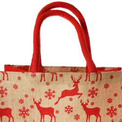 Jute Christmas gift bag, reindeer design, 20x20cm