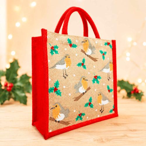 Jute shopper or Christmas gift bag, robins design 30x30cm