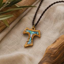 Pendant olive wood, cross with Mother of Pearl, 2.5 x 3cm