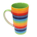 Tall mug rainbow horizontal stripes ceramic hand painted 15cm height