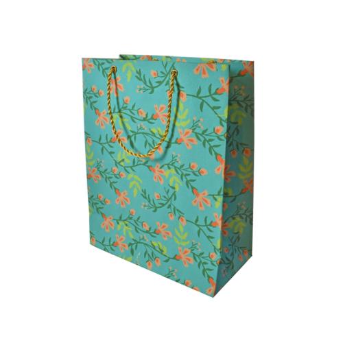 Gift Bag Handmade Paper Floral Design on Teal 18 x 23 x 9cm