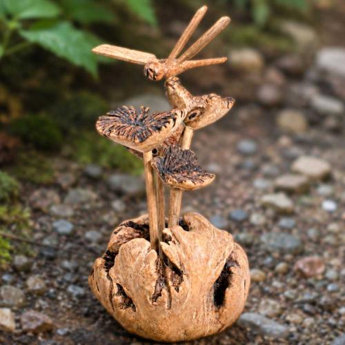 Handcrafted Wooden Dragonfly on Woodland Toadstools
