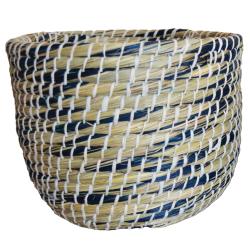 Set of 2 round grass baskets, natural + blue
