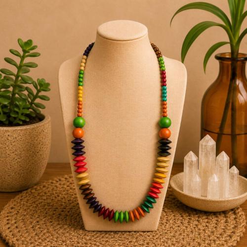 Necklace Handpainted Wooden Multicolour Saucer Shape Beads