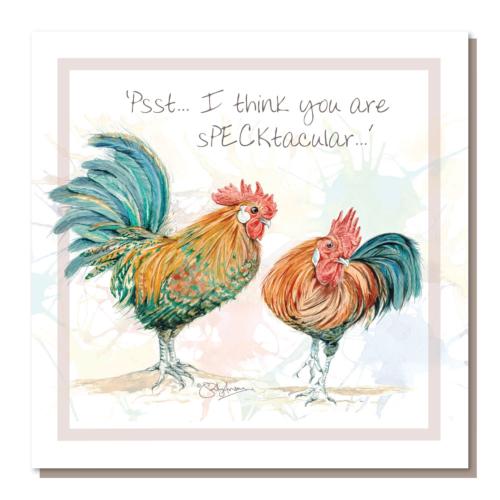 Greetings card, "Psst I think ...", chickens