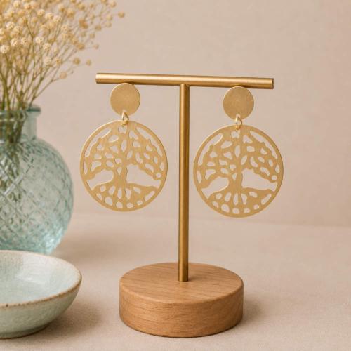 Ear studs, brass tree of life motif + disc