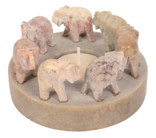 Stone tealight holder elephant circle brown