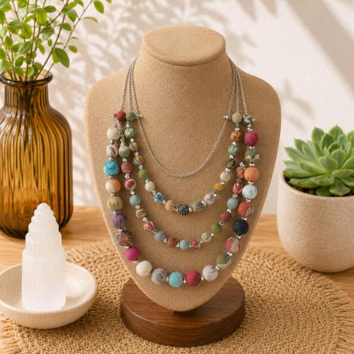 Necklace, recycled cotton balls 3 tier