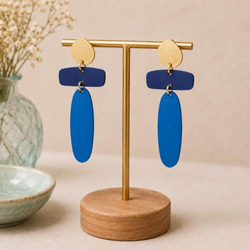 Ear Studs Brass Gold and Blue Colour 3 x 7cm