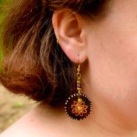 Earrings cow bone & brass, circle with sun + bead, brown