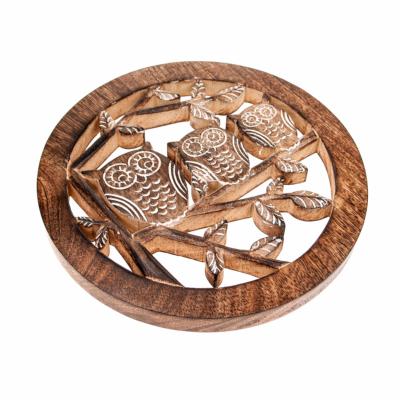 Trivet pan stand hand carved eco mango wood, owls 20cm