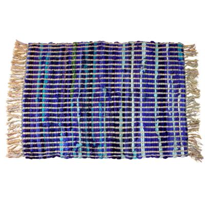 Rag chindi rug blues with fringing Fair Trade & recycled 58x68cm